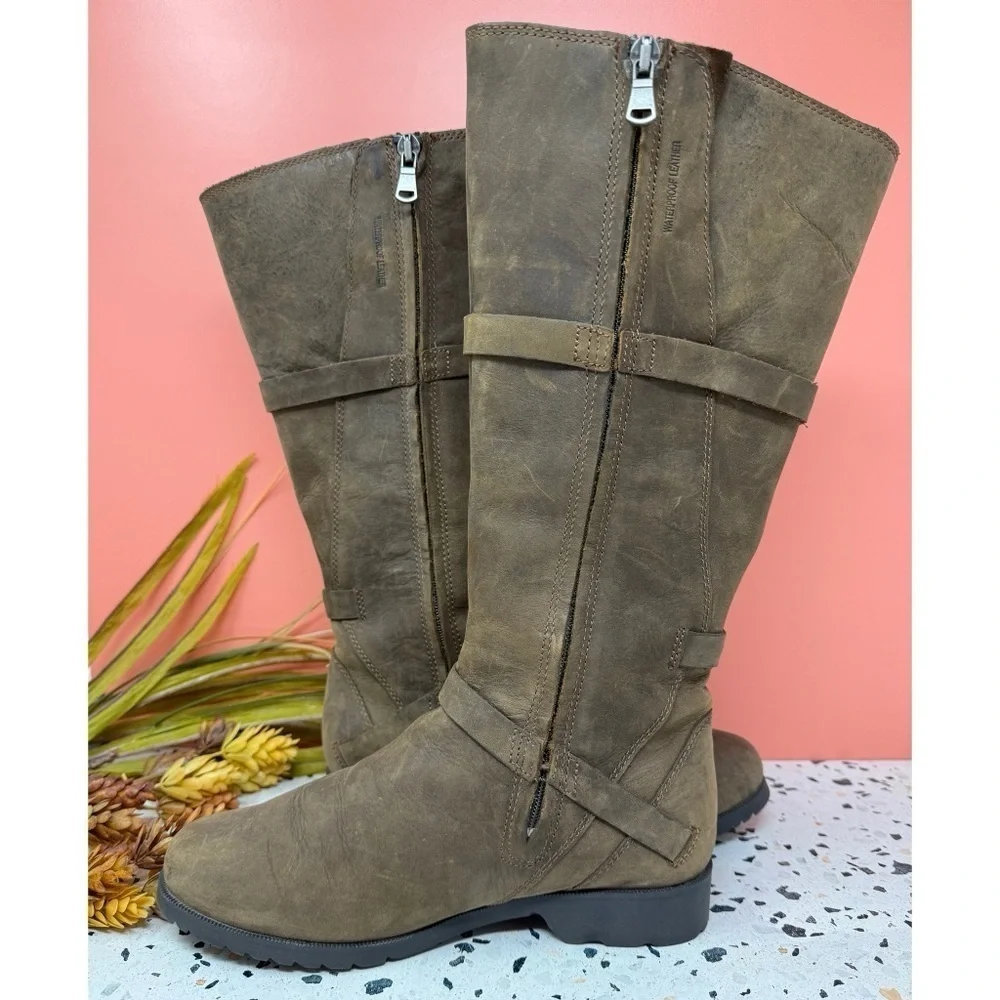 TEVA De La Vina Tall Brown Leather Riding Boots Waterproof Moto Zip Women’s Sz 6